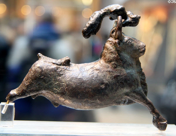 Minoan bronze bull with acrobat performing on its horn (1550-1450 BCE) found on south west, Crete at British Museum. London, United Kingdom.