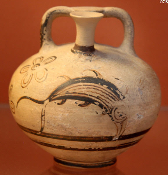 Minoan pottery stirrup-jar painted with fish (1400-1200 BCE) from Crete at British Museum. London, United Kingdom.