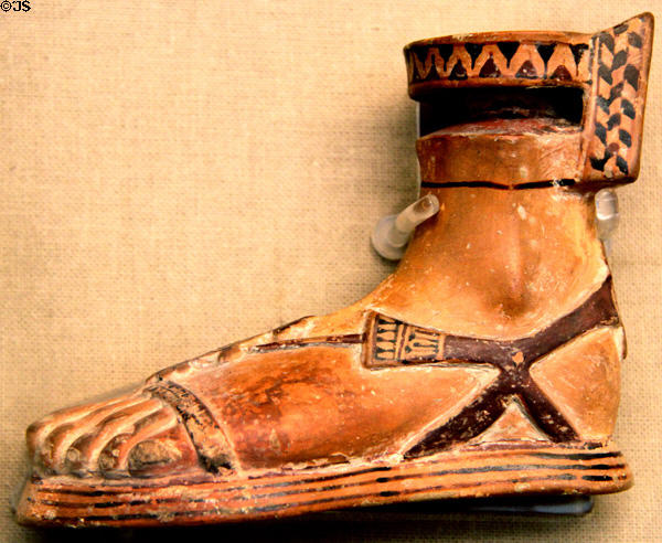 Greek terracotta scent-bottle in shape of sandaled foot (c575-550 BCE) said to be from Samos at British Museum. London, United Kingdom.