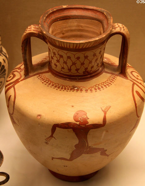 Amphora with running man (540 BCE) made in Miletos found Kamiros, Rhodes at British Museum. London, United Kingdom.