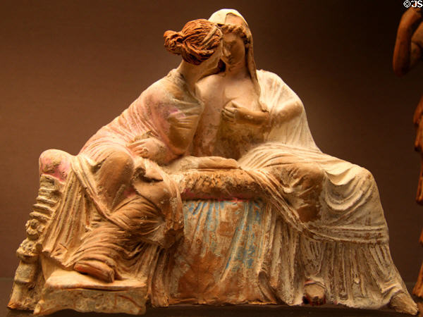 Terracotta group of two seated women, perhaps Demeter & daughter Persephone (c100 BCE) made in Myrina, Asia Minor at British Museum. London, United Kingdom.