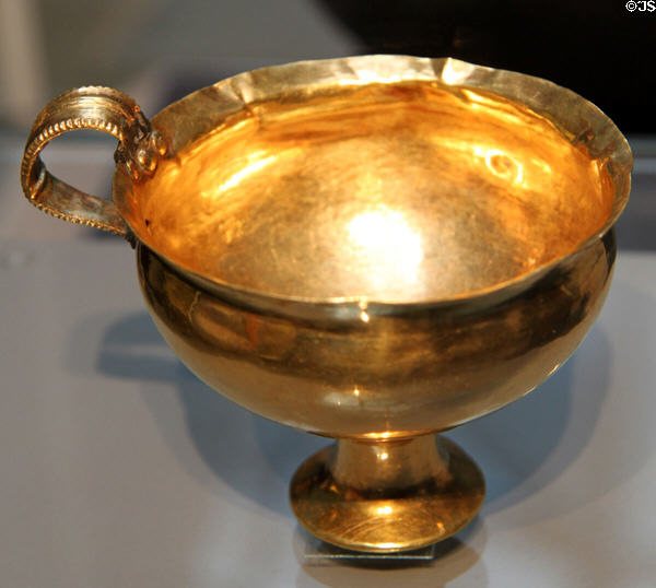 Mycenaean gold stemmed goblet with one handle (1500 BCE) at British Museum. London, United Kingdom.