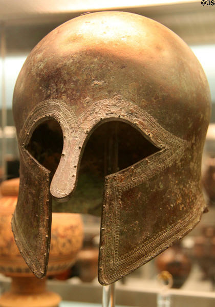 Corinthian type bronze helmet (c650-570 BCE) from Dodna at British Museum. London, United Kingdom.