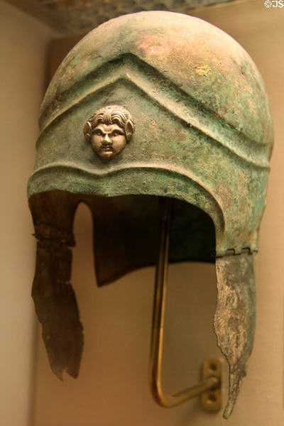 Attic type bronze helmet with satyr's head (5thC BCE) prob. Athens at British Museum. London, United Kingdom.