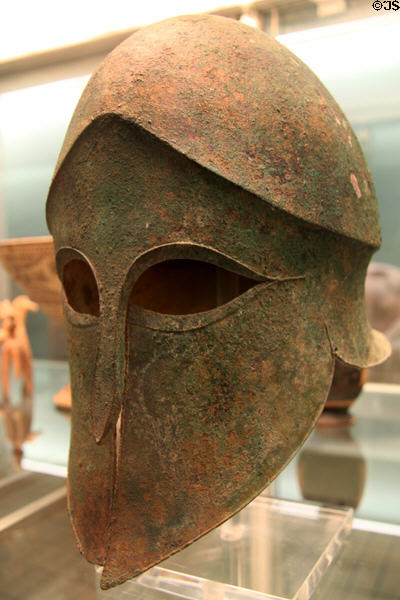 Corinthian type bronze helmet (c500 BCE) from Corinth at British Museum. London, United Kingdom.