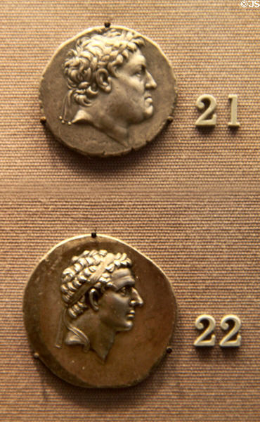 Tetradrachm coin with Attalos I, King of Pergamon (241-197 BCE) & with Orophernes, King of Cappadocia (159-157 BCE) at British Museum. London, United Kingdom.