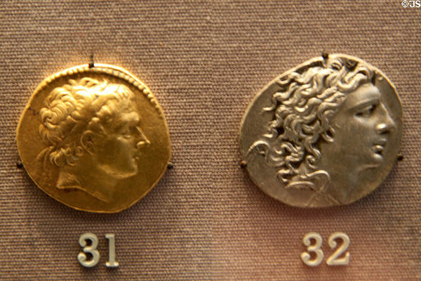Tetradrachm coin with Antiochos the Great, King of Syria (223-187 BCE) & with Mithradates VI, King of Pontos (120-63 BCE) at British Museum. London, United Kingdom.