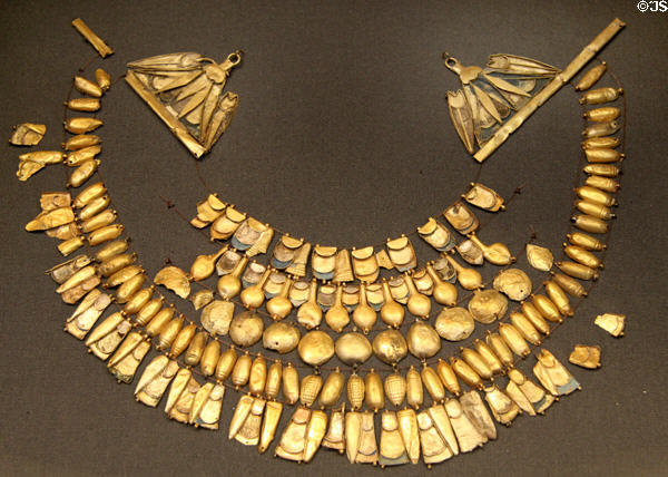 Egyptian broad collar made of string of gold pendants (1400-1300 BCE) found in tomb, Enkomi, Cyprus at British Museum. London, United Kingdom.