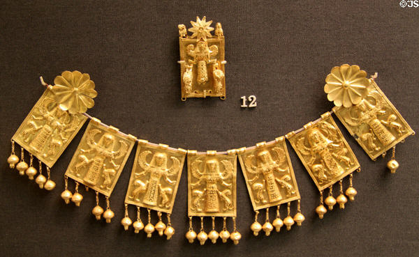 Gold & silver jewelry found in tomb at Camirus on Rhodes (c660-620 BCE) at British Museum. London, United Kingdom.