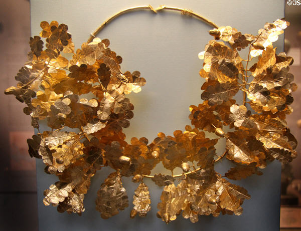 Gold oak wreath with bee & two cicadas (350-300 BCE) said to be from Dardanelles at British Museum. London, United Kingdom.
