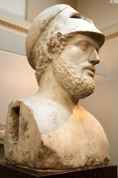 Pericles with helmet marble portrait head (2ndC Roman copy of lost Greek original 440-430 BCE) at British Museum. London, United Kingdom.