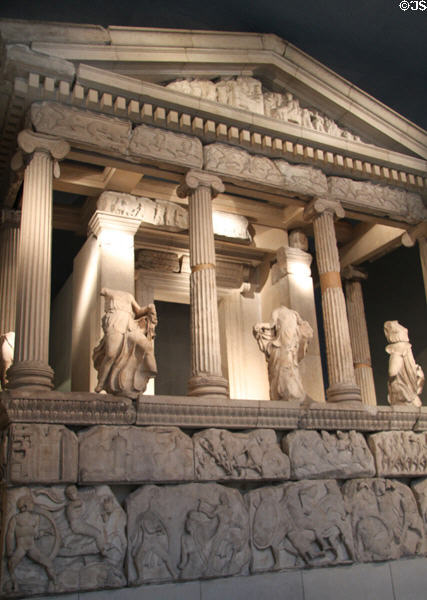 Nereid Monument (390 BCE-380 BCE) with carvings along base which was originally higher than the British Museum can accommodate. London, United Kingdom.