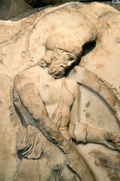 Relief of helmeted warrior on Nereid Monument (390 BCE-380 BCE) at British Museum. London, United Kingdom.