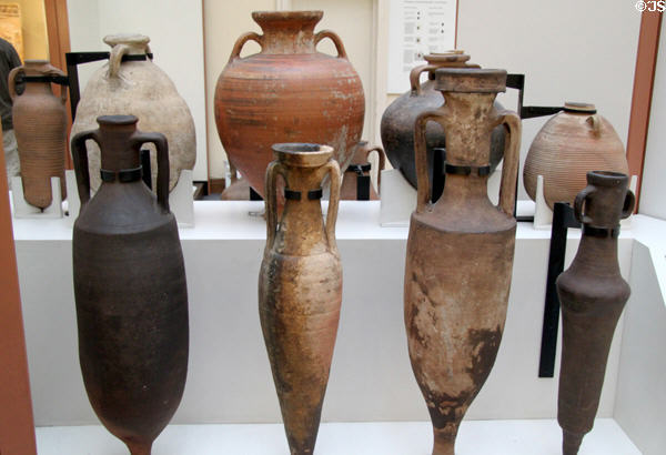 Collection of Greek & Roman Amphorae for oil or wine showing variety of shapes (6thC BCE - 8thC CE) from Mediterranean world at British Museum. London, United Kingdom.