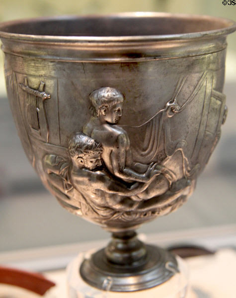 Roman silver cup (kantharos) showing male couples (c15 BCE - 15 CE) prob. found in Bittir near Jerusalem at British Museum. London, United Kingdom.