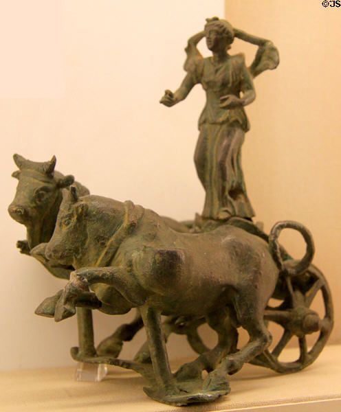 Roman bronze lamp with moon goddess Luna crossing night sky on chariot pulled by bulls (1stC CE) at British Museum. London, United Kingdom.