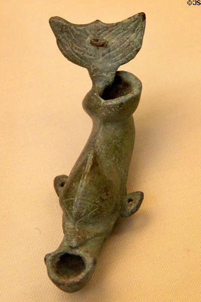 Roman bronze oil lamp in form of dolphin (c50-100 CE) at British Museum. London, United Kingdom.