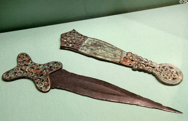 Celtic culture iron & bronze dagger & sheath with cross-shaped hilt (600-550 BCE) from Cookham, Surrey at British Museum. London, United Kingdom.