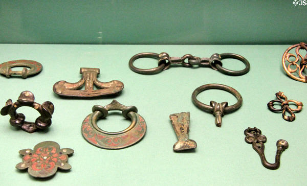 Celtic culture bronze fittings from cart burials (300-100 BCE) from England at British Museum. London, United Kingdom.