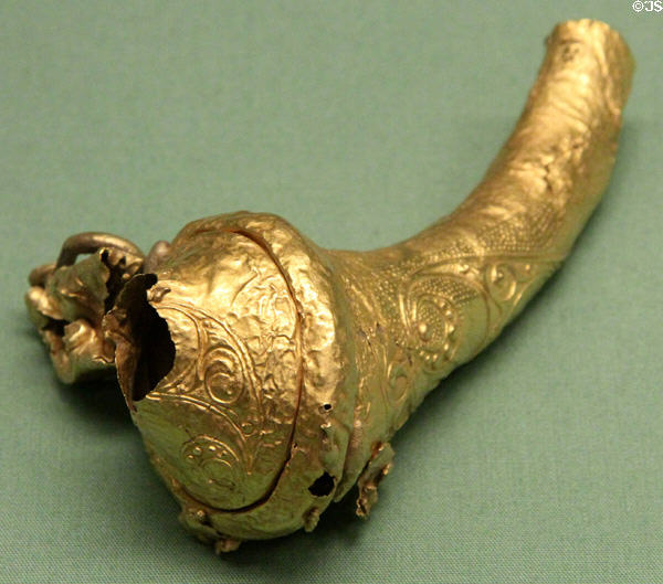 Celtic terminal from gold tubular torc (400-250 BCE) from Snettisham, Norfolk at British Museum. London, United Kingdom.