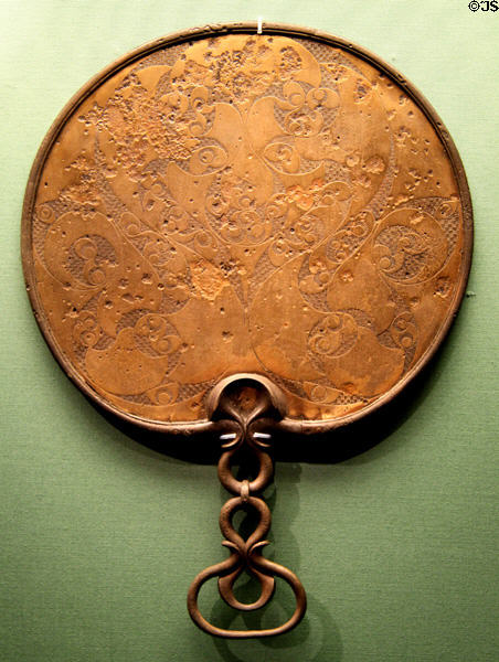 Celtic culture bronze mirror with engraved back (1-60 CE) found at Desborough, Northhamptonshire at British Museum. London, United Kingdom.