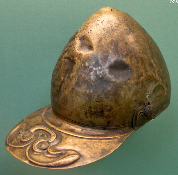 Celtic culture copper alloy helmet (50-150 CE) found northern Britain at British Museum. London, United Kingdom.
