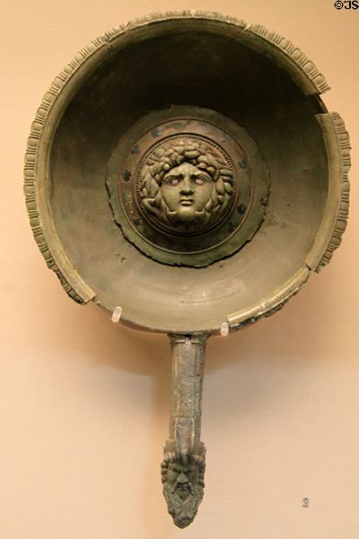 Roman era bronze pan with Medusa (1stC CE) found Faversham, Kent at British Museum. London, United Kingdom.