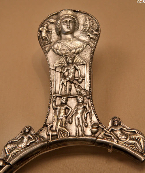 Roman silver skillet handle with bust of Juno (2nd-3rdC CE) from Capheaton, Northumberland at British Museum. London, United Kingdom.