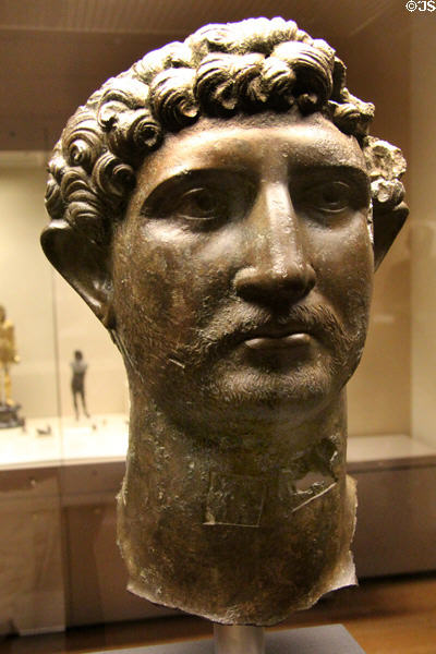Roman bronze head of Emperor Hadrian (2ndC CE) found in River Thames near London Bridge at British Museum. London, United Kingdom.