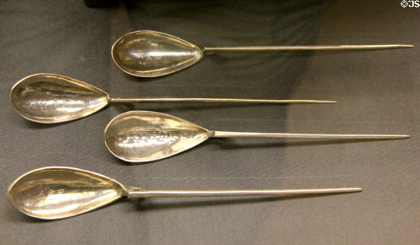 Roman silver spoons (4thC CE) part of Mildenhall Treasure at British Museum. London, United Kingdom.