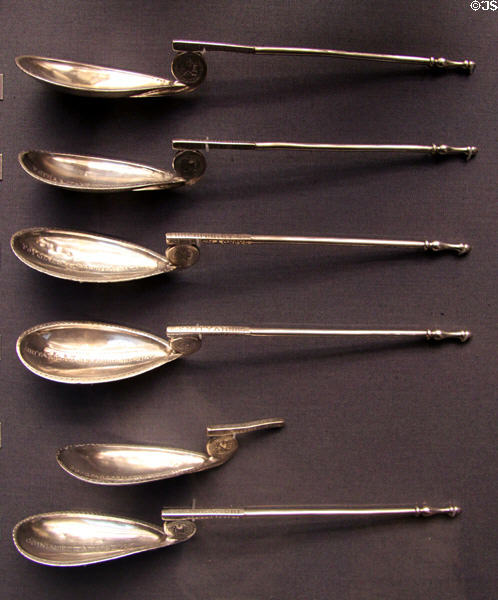 Early Byzantine pear-shaped silver spoons (c550-650) made in Constantinople found in Lampsacus Treasure at British Museum. London, United Kingdom.