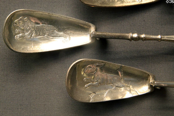 Early Byzantine silver spoons with running bear & hare (c600) made in Constantinople at British Museum. London, United Kingdom.
