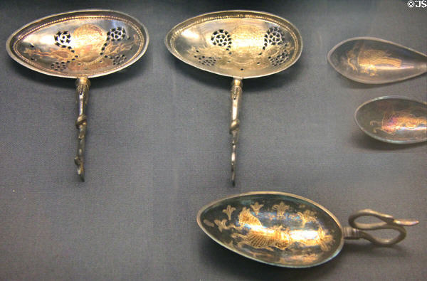 Roman era silver spoons with bird neck handles (cigni) (after 407-8 CE) found in Hoxne Treasure at British Museum. London, United Kingdom.