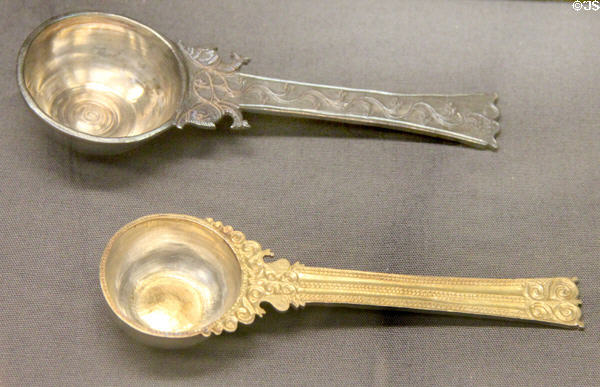 Roman era silver ladles (after 407-8 CE) found in Hoxne Treasure at British Museum. London, United Kingdom.