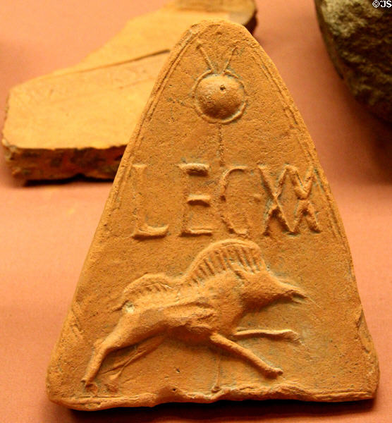 Antefix pottery tile marked with Roman army's 20th legion wild boar emblem (2nd-3rdC CE) from Holt, Clwyd at British Museum. London, United Kingdom.