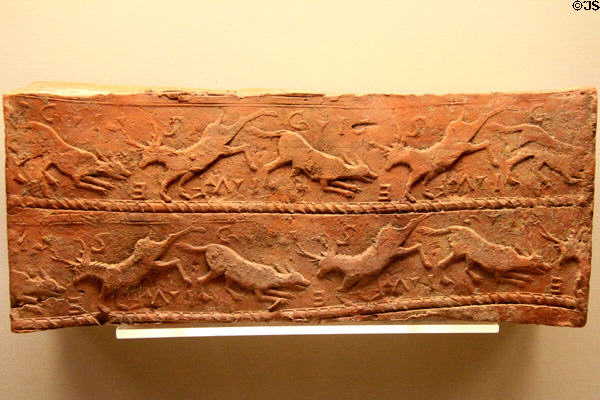 Roman era ceramic box flue tile decorated with leaping animals excavated at Ashtead Villa now at British Museum. London, United Kingdom.