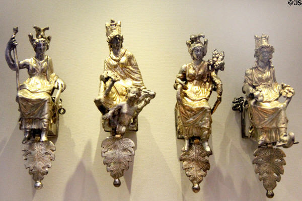 Late Roman silver furniture fittings representing the Tyche of Constantinople (c330-370 CE) part of Esquiline Treasure at British Museum. London, United Kingdom.