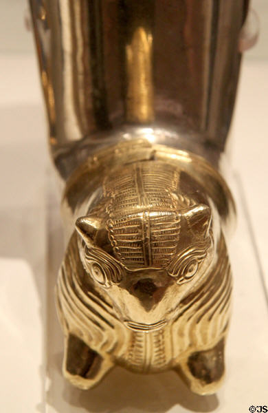 Detail of crouching bull on Persian or Syrian silver & gold wine drinking cup (mid 6th-4thC BCE) at British Museum. London, United Kingdom.