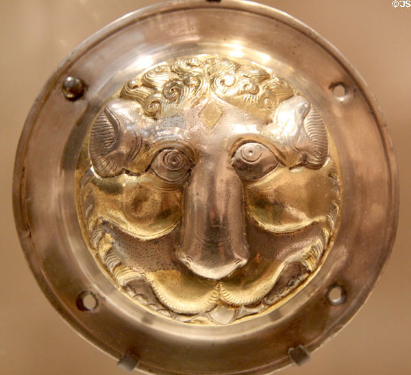 Sasanian Empire silver plate shield boss in shape of lion face (6thC-7thC CE) from Iran at British Museum. London, United Kingdom.