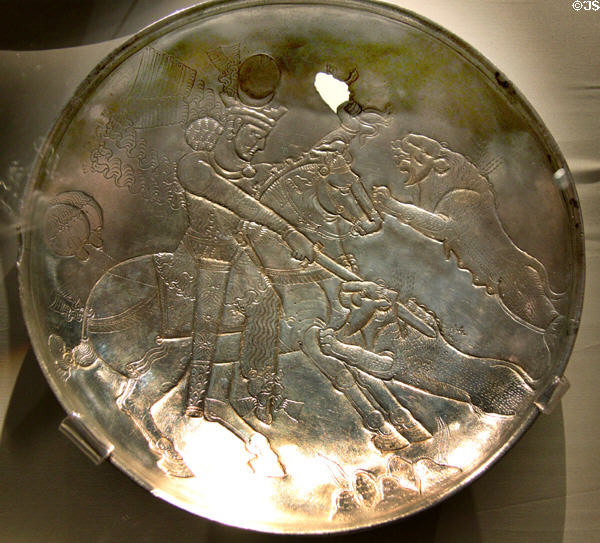 Sasanian Empire silver plate showing lion hunt on horseback (5th-7thC CE) from India or Afghanistan at British Museum. London, United Kingdom.