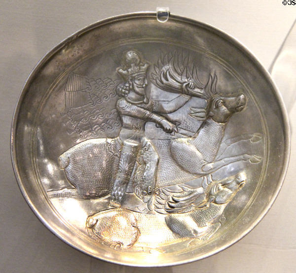 Sasanian Empire silver plate showing Shapur killing deer (4thC CE) from Iran at British Museum. London, United Kingdom.