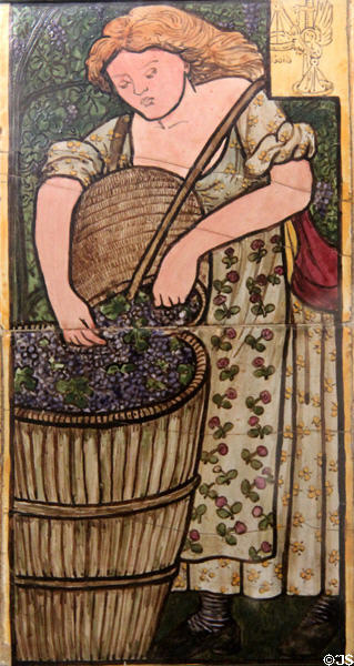 September (winemaking) monthly labor series ceramic tile (1862) by William Morris, Philip Webb, Lucy Faulkner et al made by Morris, Marshall, Faulkner & Co at Morris Gallery. London, United Kingdom.