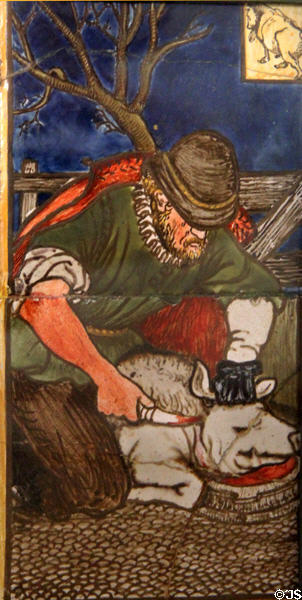 December (killing a boar) monthly labor series ceramic tile (1862) by William Morris, Philip Webb, Lucy Faulkner et al made by Morris, Marshall, Faulkner & Co at Morris Gallery. London, United Kingdom.