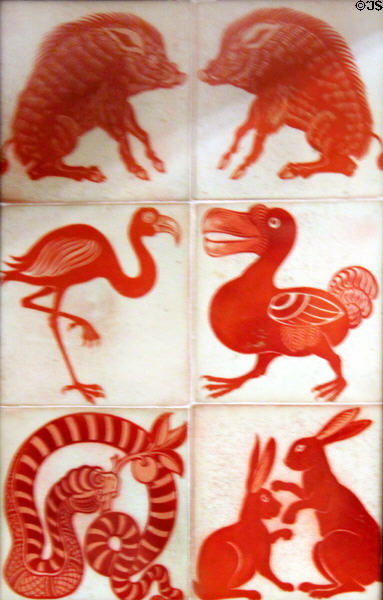 Child's nursery animals red lustre ceramic tiles (1880s-90s) by William De Morgan for Morris & Co at Morris Gallery. London, United Kingdom.