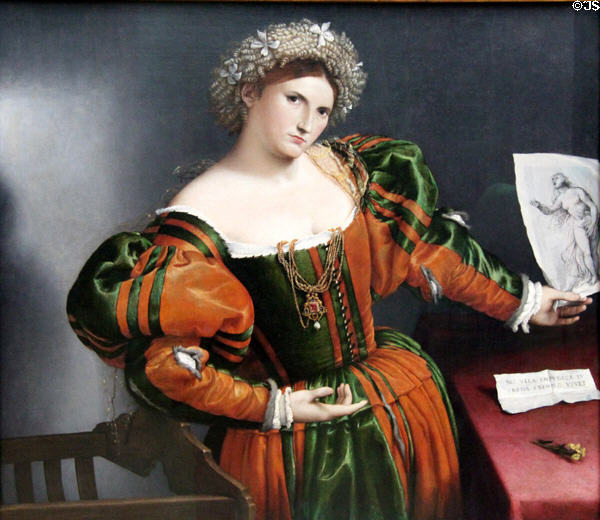 Portrait of a Woman inspired by Lucretia painting (1530-3) by Lorenzo Lotto at National Gallery. London, United Kingdom.