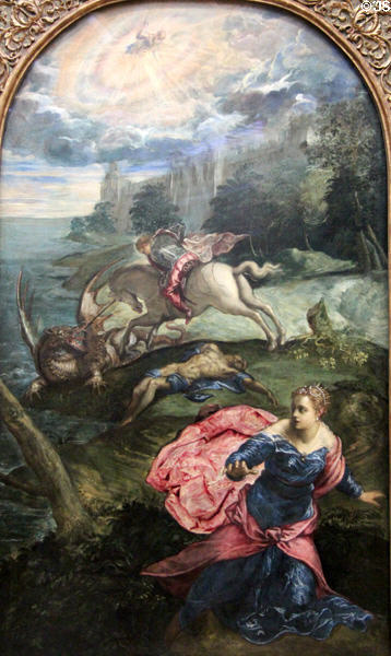 St George & Dragon painting (c1555) by Jacopo Tintoretto at National Gallery. London, United Kingdom.