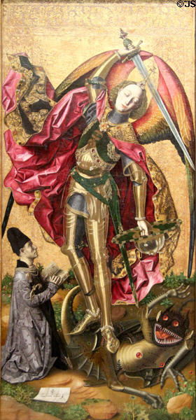 St Michael Triumphs over Devil painting (1468) by Bartolomé Bermejo of Spain at National Gallery. London, United Kingdom.
