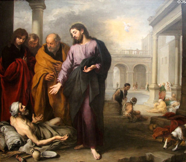 Christ healing Paralytic at Pool of Bethesda painting (1667-70) by Bartolomé Esteban Murillo at National Gallery. London, United Kingdom.