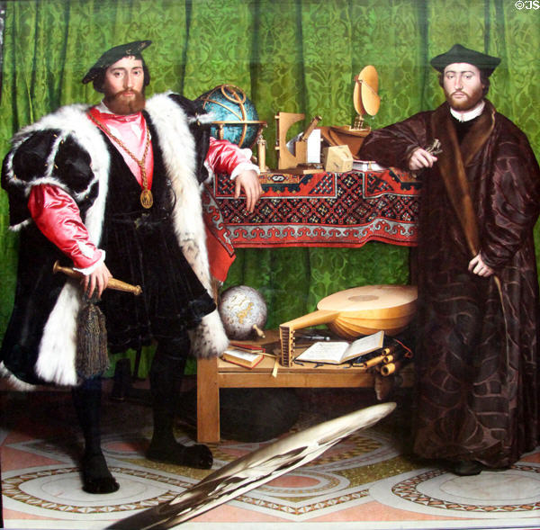 Ambassadors to court of Henry VIII with distorted skull painting (1533) by Hans Holbein the Younger at National Gallery. London, United Kingdom.