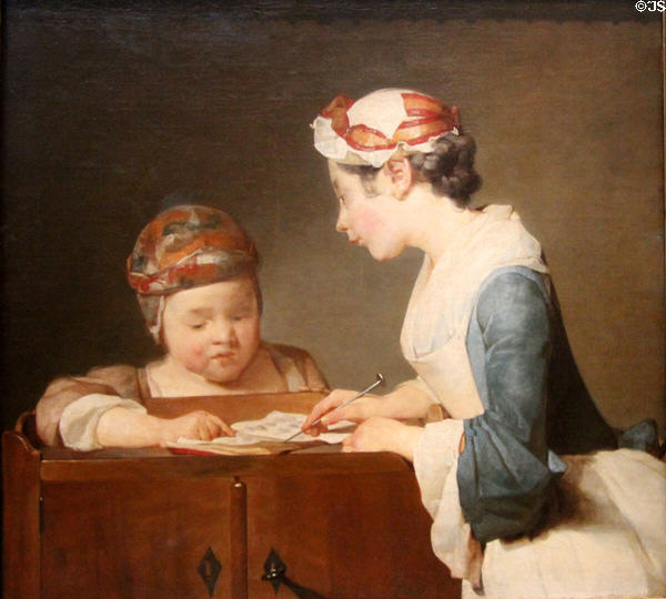 Young Schoolmistress painting (c1735-6) by Jean Baptiste Siméon Chardin at National Gallery. London, United Kingdom.